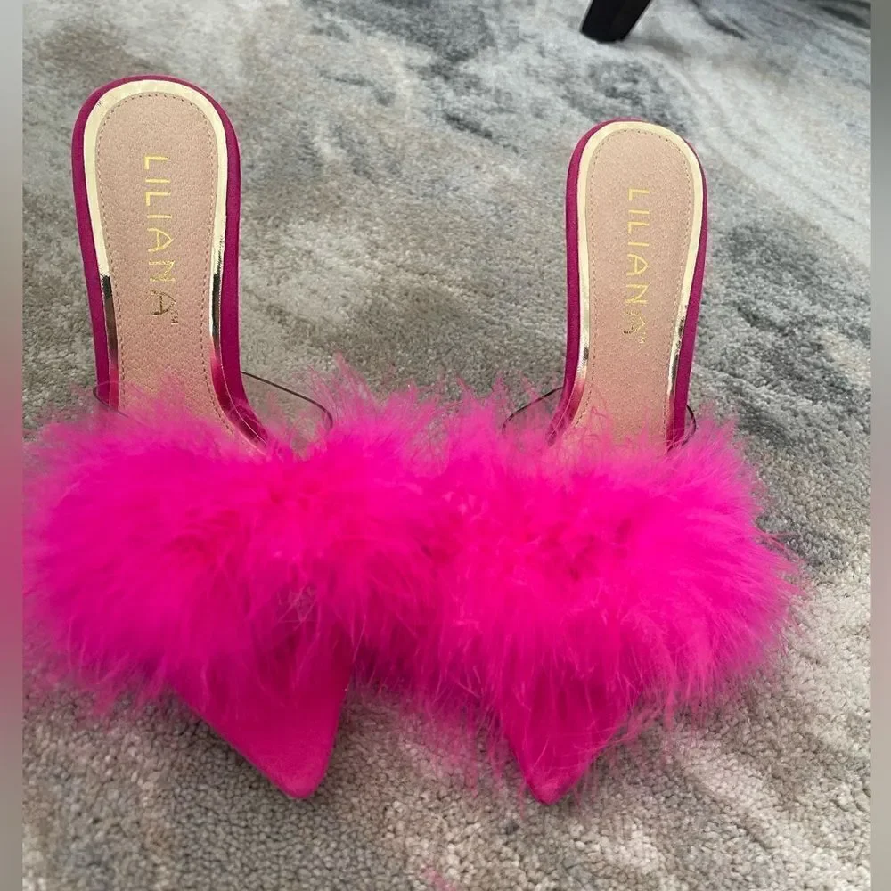 Women faux Feather Slippers Sandals pump High heels Slides Mules Size 6